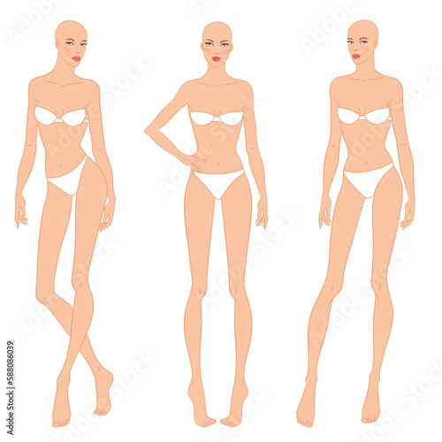 Fashion models posing, vector illustration. Women's body templates. Nine-head fashion female colored croquis, vector set.