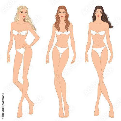 Fashion models posing, vector illustration. Women's body templates. Nine-head fashion female colored croquis with face and hairstyle, vector set.