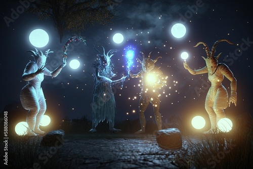 Quirky elf-like creatures performing a ritual under a full moon, fantasy photo