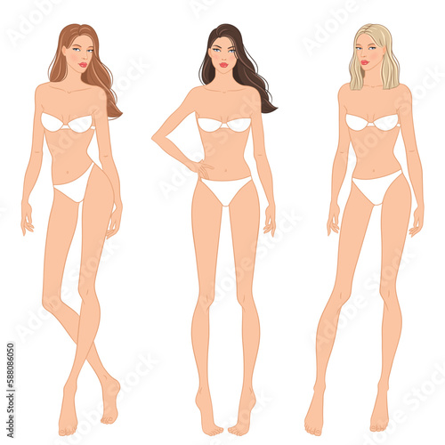 Fashion models posing, vector illustration. Women's body templates. Nine-head fashion female colored croquis with face and hairstyle, vector set.