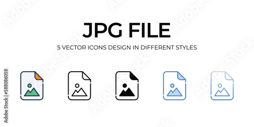 Jpg File Icon Design in Five style with Editable Stroke. Line, Solid, Flat Line, Duo Tone Color, and Color Gradient Line. Suitable for Web Page, Mobile App, UI, UX and GUI design.