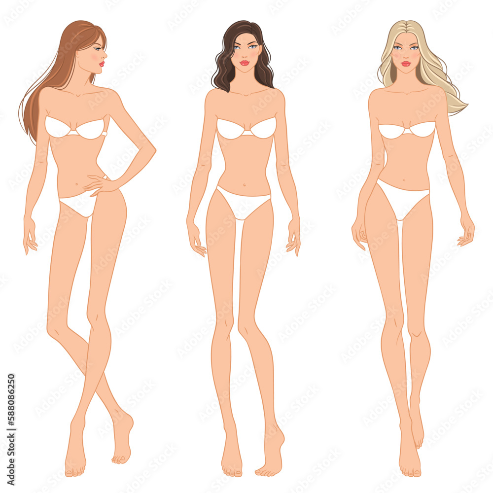 Fashion models posing, vector illustration. Women's body templates. Nine-head fashion female colored croquis with face and hairstyle, vector set. Fashion models posing, vector illustration. Women's body templates. Nine-head fashion female colored croquis with face and hairstyle, vector set.