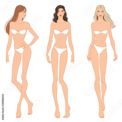 Fashion models posing, vector illustration. Women's body templates. Nine-head fashion female colored croquis with face and hairstyle, vector set. photo