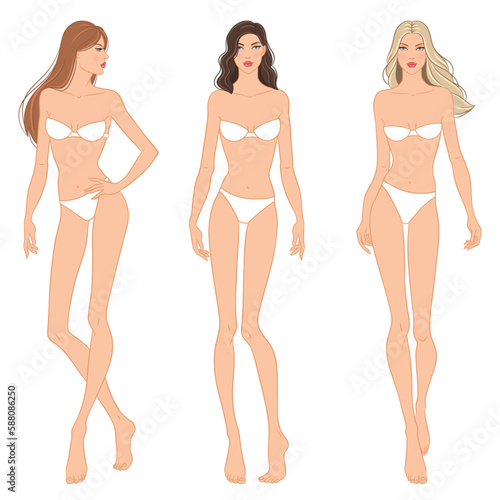 Fashion models posing, vector illustration. Women's body templates. Nine-head fashion female colored croquis with face and hairstyle, vector set.