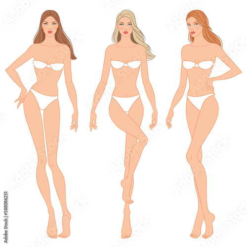 Fashion models posing, vector illustration. Women's body templates. Nine-head fashion female colored croquis with face and hairstyle, vector set.