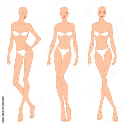 Fashion models posing, vector illustration. Women's body templates. Nine-head fashion female colored croquis, vector set.