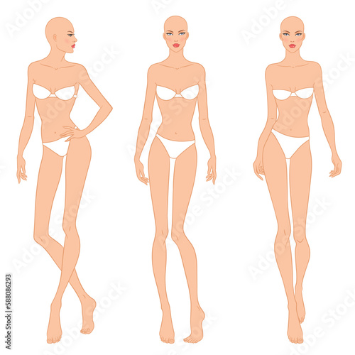 Fashion models posing, vector illustration. Women's body templates. Nine-head fashion female colored croquis, vector set.
