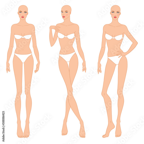 Fashion models posing, vector illustration. Women's body templates. Nine-head fashion female colored croquis, vector set.