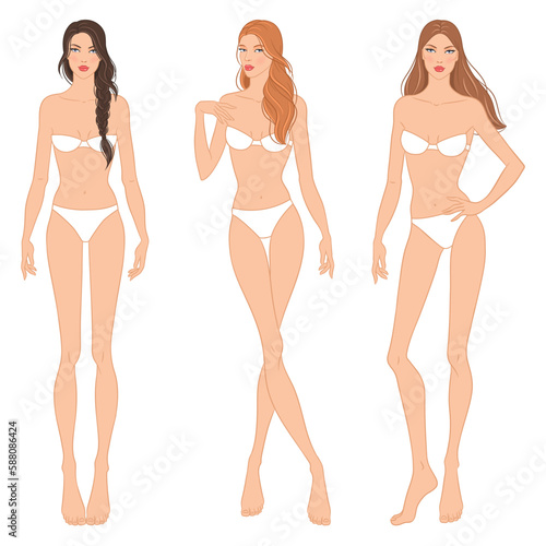 Fashion models posing, vector illustration. Women's body templates. Nine-head fashion female colored croquis with face and hairstyle, vector set.