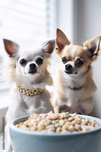 Two funny Chihuahua dogs looking at the camera in home. Adorable pet. Waiting for the over. Dog food. At an appointment with a veterinarian. Love for animals. generative ai  © Olga