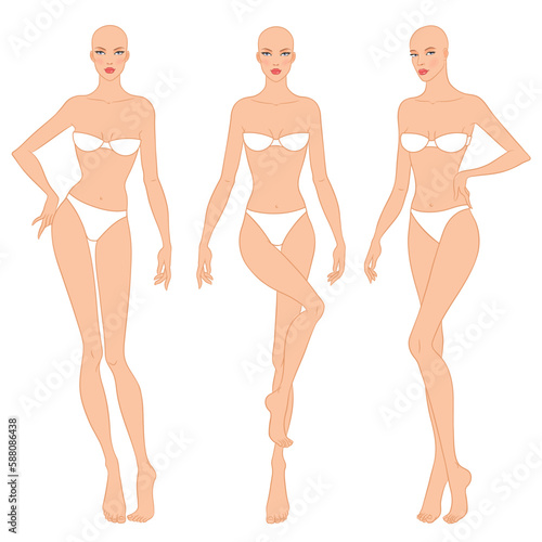 Fashion models posing, vector illustration. Women's body templates. Nine-head fashion female colored croquis, vector set.