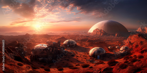 Futuristic space tourism and science featuring a Martian luxury colony retreat with private Martian exploration tours. Red Planet landscape (generative AI)