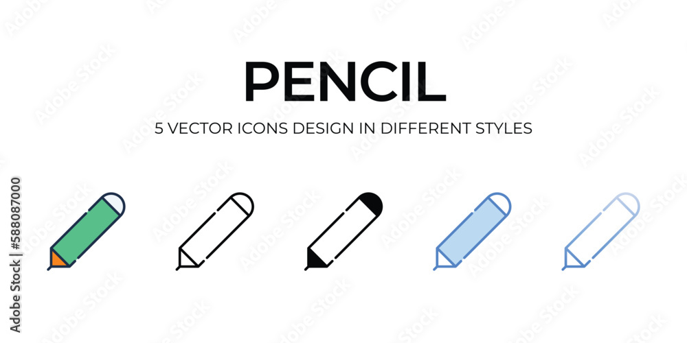 Pencil Icon Design in Five style with Editable Stroke. Line, Solid, Flat Line, Duo Tone Color, and Color Gradient Line. Suitable for Web Page, Mobile App, UI, UX and GUI design. Pencil Icon Design in Five style with Editable Stroke. Line, Solid, Flat Line, Duo Tone Color, and Color Gradient Line. Suitable for Web Page, Mobile App, UI, UX and GUI design.