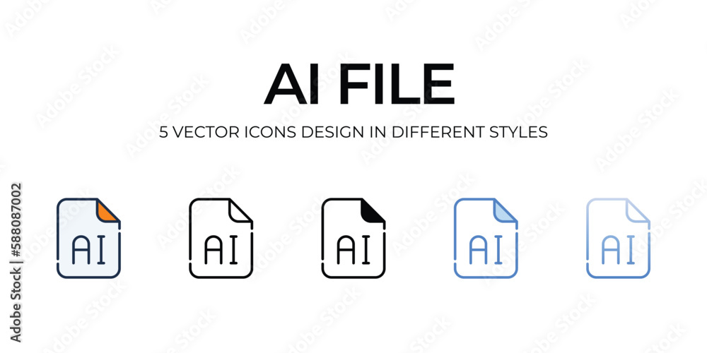 Ai File Icon Design in Five style with Editable Stroke. Line, Solid, Flat Line, Duo Tone Color, and Color Gradient Line. Suitable for Web Page, Mobile App, UI, UX and GUI design. Ai File Icon Design in Five style with Editable Stroke. Line, Solid, Flat Line, Duo Tone Color, and Color Gradient Line. Suitable for Web Page, Mobile App, UI, UX and GUI design.