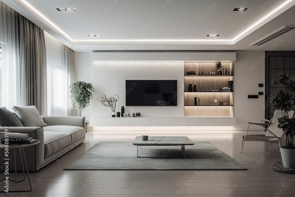 cozy living room with modern furniture and entertainment system. Generative AI cozy living room with modern furniture and entertainment system. Generative AI