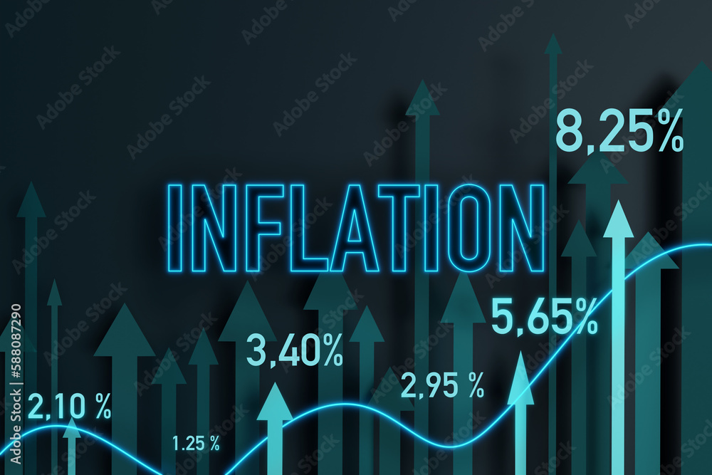 Fototapeta premium Inflation moving up. Information sign about rising inflation. Percentage signs and arrows. Business, deprssion era and economy concept.