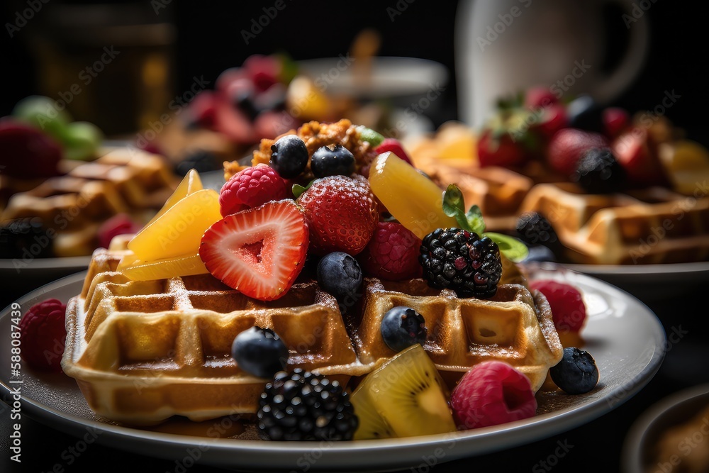 delicious plate of breakfast waffles covered in butter, syrup, and fruits, Professional food photography,