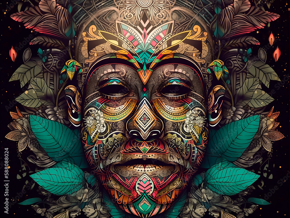 Obraz premium Estampas Psicodélicas Inspiradas na Ayahuasca com Cores Vibrantes e Desenhos Místicos, Perfeitas para Estimular a Imaginação em Design Gráfico, Decoração de Ambientes, criado por IA generativa