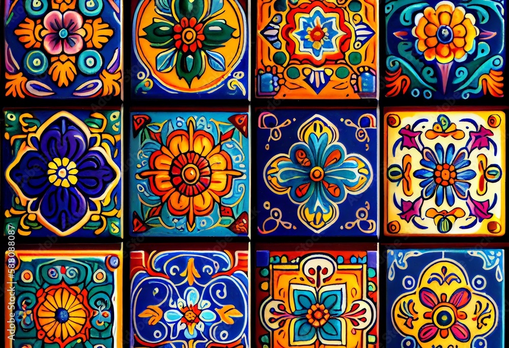 A set of colorful Mexican talavera tiles. Cinco de Mayo. Generative AI