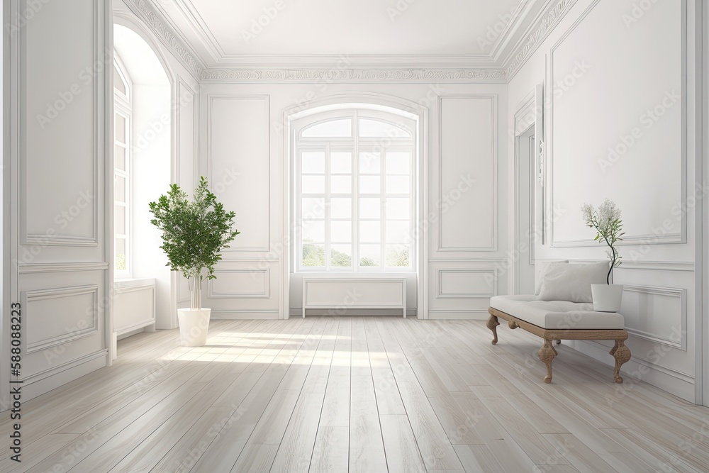 Fototapeta premium Minimalist White Room with Bench and Potted Plant. Generative AI