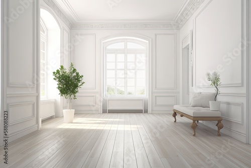 Minimalist White Room with Bench and Potted Plant. Generative AI © AkuAku