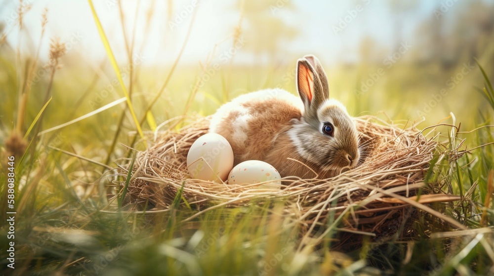 Obraz premium Easter eggs, happy easter, bunny, Generative AI