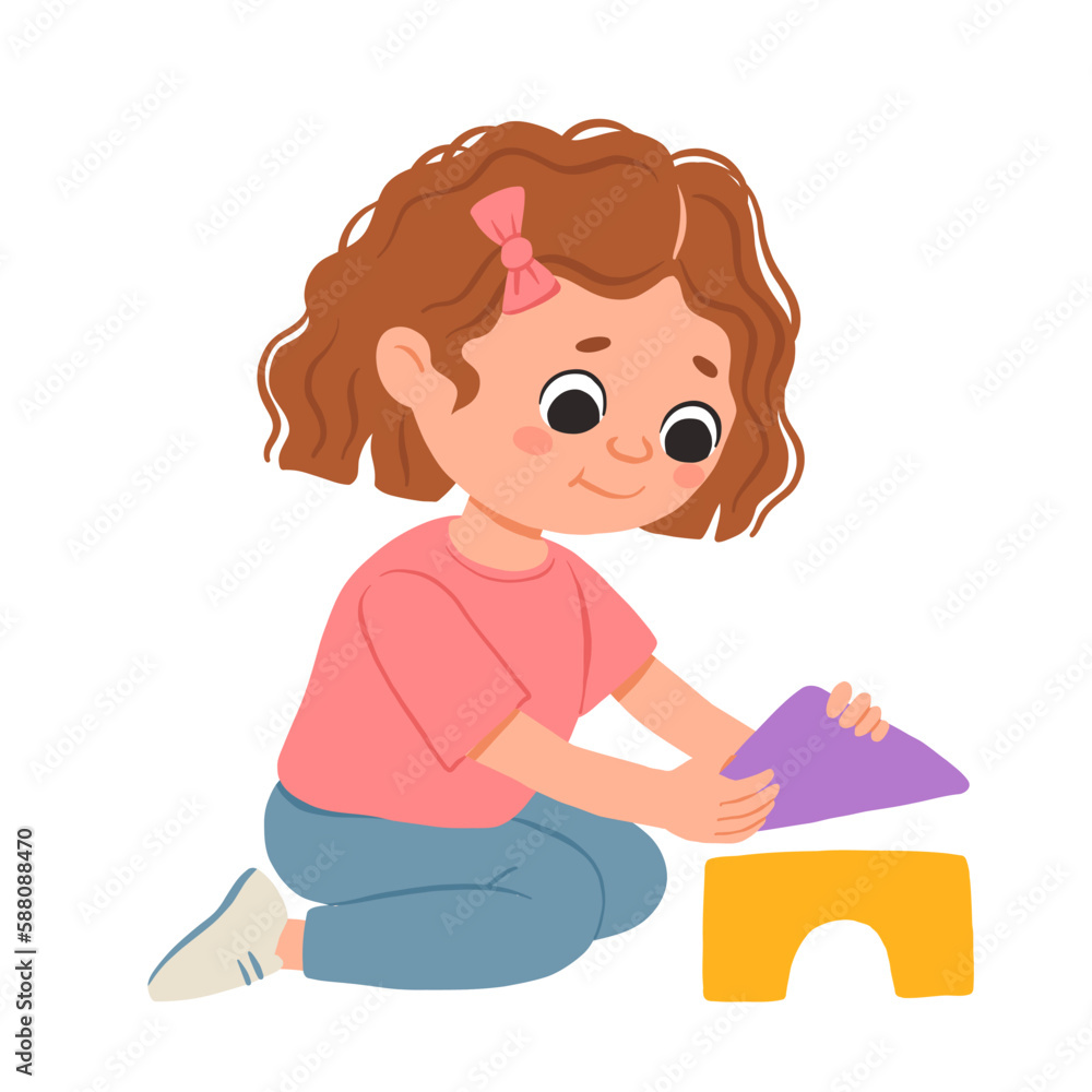 Cartoon happy girl playing with blocks and smiling. Cute vector illustration isolated on white background. Cartoon happy girl playing with blocks and smiling. Cute vector illustration isolated on white background.