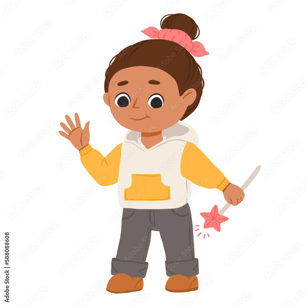 Cartoon happy girl of color standing with magic wand and smiling. Cute vector illustration isolated on white background. Cartoon happy girl of color standing with magic wand and smiling. Cute vector illustration isolated on white background.