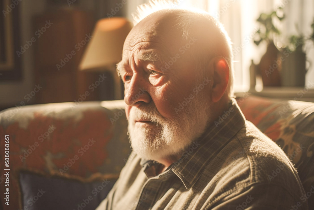 Senior grandfather sitting in the living room on the sofa couch, feeling nostalgic, pain, missing his grandchildren, bankruptcy, and fraud at home. Generative AI Senior grandfather sitting in the living room on the sofa couch, feeling nostalgic, pain, missing his grandchildren, bankruptcy, and fraud at home. Generative AI