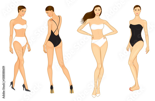 Fashion vector illustration of outline, posing young girls in swimwear and in bikini, vector set, isolated, on white background.