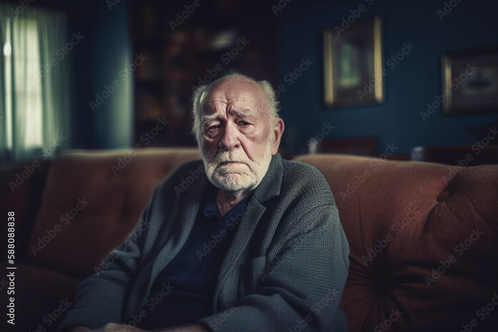 Senior grandfather sitting in the living room on the sofa couch, feeling nostalgic, pain, missing his grandchildren, bankruptcy, and fraud at home. Generative AI Senior grandfather sitting in the living room on the sofa couch, feeling nostalgic, pain, missing his grandchildren, bankruptcy, and fraud at home. Generative AI