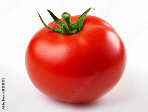 Close up delicious red tomato on white background isolated. Tomatoes with green basil leaves. Clipping path. Full depth of field. Generative ai.