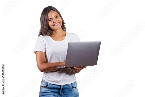 brazilian woman, holding notebook. Connected, internet, web, developer.
