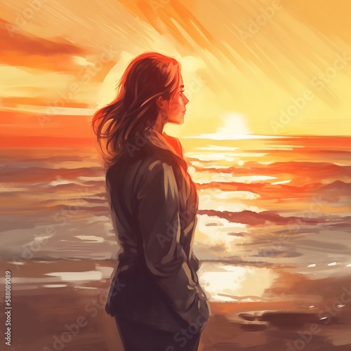 Woman on the beach looking at sea and setting sun digital art style illustration painting (ai)
