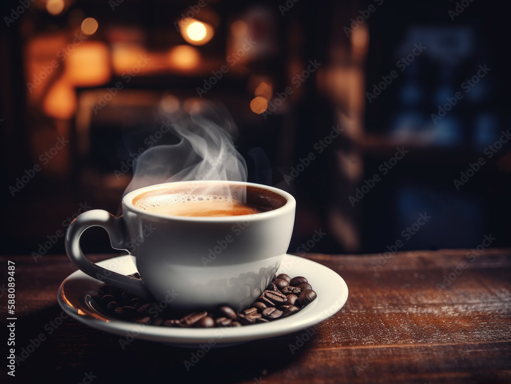Close up black cup of coffee on wooden table in a cafe. Food photography. Generative AI. Close up black cup of coffee on wooden table in a cafe. Food photography. Generative AI.