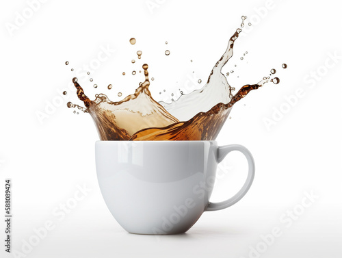 Pouring and splash coffee in white cup on isolated white background with clipping path. Splashing cup of coffee. Generative AI.