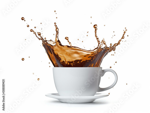 Pouring and splash coffee in white cup on isolated white background with clipping path. Splashing cup of coffee. Generative AI.