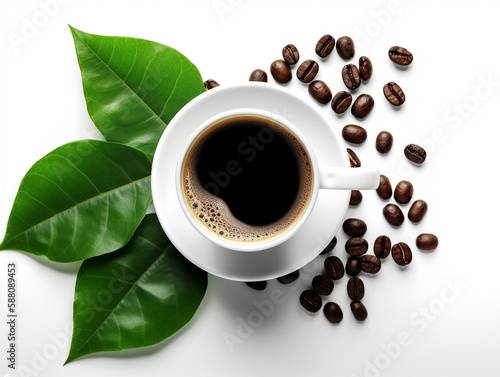 Close up top view white cup of black coffee isolated on white background with clipping path. Mug cup of latte. Generative ai.
