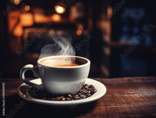 Close up black cup of coffee on wooden table in a cafe. Food photography. Generative AI.