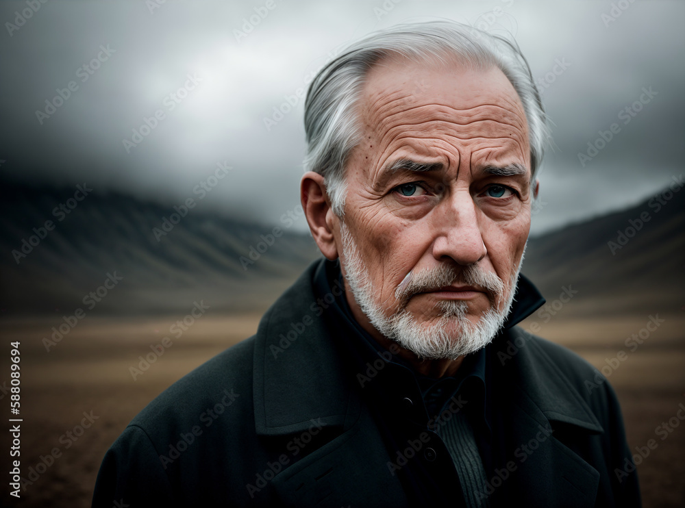 Dramatic portrait of an elderly man, late autumn landscape as background, dark sky with storm clouds. Generative AI. Dramatic portrait of an elderly man, late autumn landscape as background, dark sky with storm clouds. Generative AI.