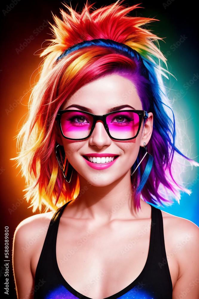 Portrait of an young woman with colorful hair and sunglasses on abstract painted background, beautiful face, summer vibrancy. Generative AI.