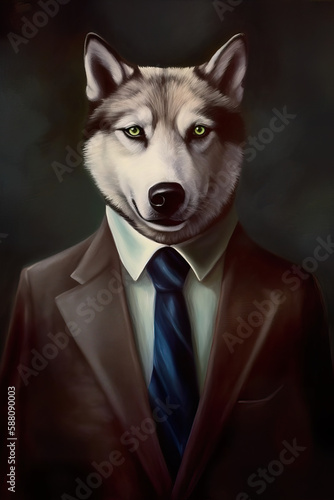 Painterly portrait of an Alaskan Husky Dog wearing a suit with an open collar, AI generated (ID: 588090003)