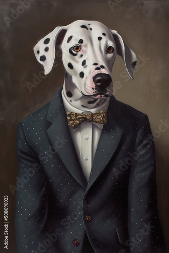 Painterly portrait of a Dalmatian Dog wearing a suit with a tie, AI generated (ID: 588090023)