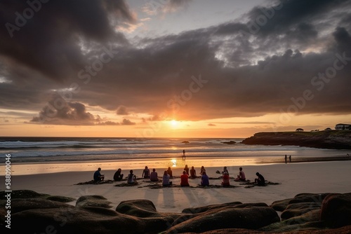 A group of people doing yoga on a scenic beach with a dramatic sky and colorful clouds Generative AI