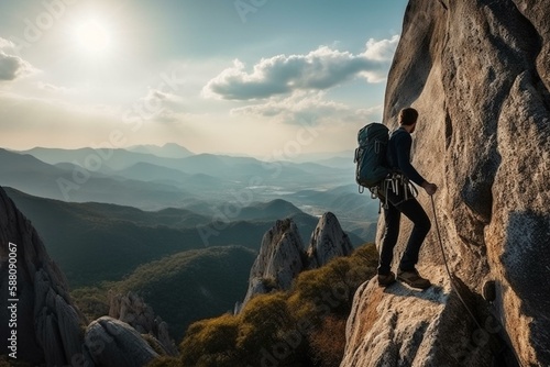 A rock climber scaling a difficult mountain cliff with a breathtaking and scenic landscape in the background Generative AI