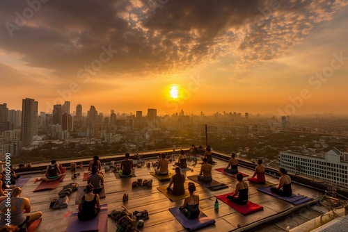 A group of people doing yoga on a rooftop with a breathtaking panoramic view of a vibrant city skyline at sunset Generative AI