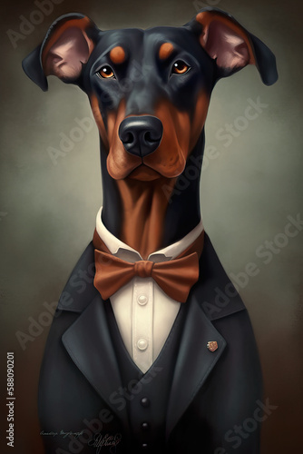 Painterly portrait of a Doberman Pinscher wearing a suit with a bow tie, AI generated (ID: 588090201)