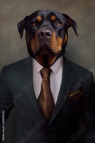 Painterly portrait of a Rottweiler Dog wearing a suit with a tie, AI generated (ID: 588090222)