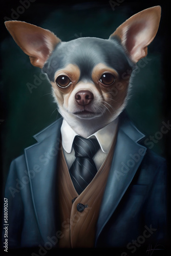 Painterly portrait of Chihuahua Dog wearing a coat and tie suit, AI Generated (ID: 588090267)