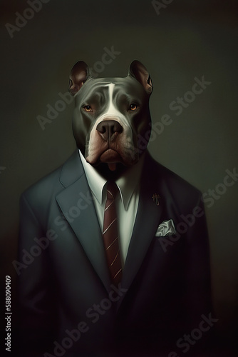Painterly portrait of an American Pitbull  Dog wearing a coat and tie suit, AI Generated (ID: 588090409)